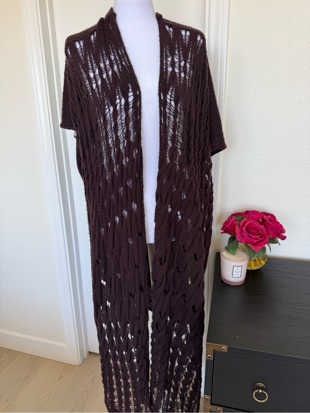 Free People Long Open-Knit Duster Cardigan in Plum OS Preloved - Picture 2 of 3